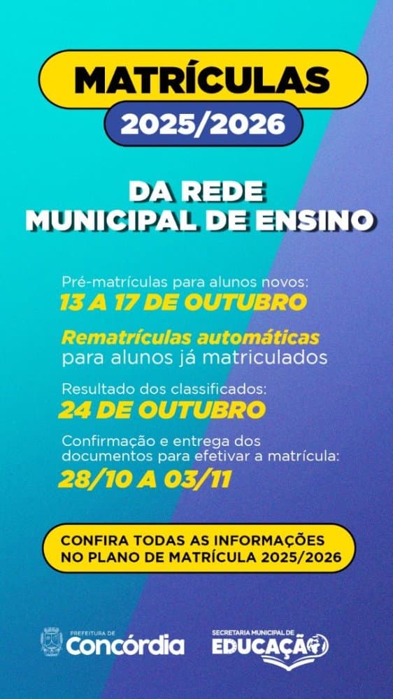 Secretaria de Educação de Concórdia divulga cronograma de matrículas e rematrículas - PORTAL CONCÓRDIA